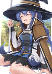 Rule 34 | 1girl, absurdres, baba kirika, black hat, blue hair, blush, braid, brown cape, brown capelet, cape, capelet, closed eyes, commentary request, crossed bangs, dress, hair between eyes, hat, highres, holding, holding staff, long hair, long sleeves, mage staff, mushoku tensei, open mouth, roxy migurdia, sidelocks, sitting, solo, staff, sweat, twin braids, twintails, wariza, witch hat