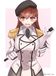 Rule 34 | 1girl, black necktie, breasts, brown hair, buttons, collared shirt, cosplay, double-breasted, epaulettes, gloves, grey shirt, hair between eyes, jacket, kantai collection, katori (kancolle), katori (kancolle) (cosplay), kozu (bloomme1 me), large breasts, long hair, looking at viewer, necktie, ooi (kancolle), open mouth, red eyes, riding crop, shirt, simple background, solo, twitter username, upper body, white gloves