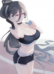 Rule 34 | 1girl, absurdres, alternate costume, bbul horn, black choker, black hair, black shorts, black sports bra, blue archive, bottle, breasts, choker, cleavage, cowboy shot, floating hair, hair between eyes, hasumi (blue archive), highres, holding, holding bottle, large breasts, long hair, looking away, navel, parted lips, ponytail, red eyes, short shorts, shorts, solo, sports bra, standing, stomach, very long hair, water bottle
