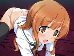 Rule 34 | 10s, 1girl, all fours, bed sheet, black neckerchief, black thighhighs, blouse, blunt bangs, close-up, girls und panzer, highres, light smile, long hair, long sleeves, looking at viewer, neckerchief, no pants, on bed, ooarai school uniform, open mouth, orange eyes, orange hair, ouhashi, panties, school uniform, serafuku, shirt, skindentation, solo, takebe saori, thighhighs, underwear, white panties, white shirt