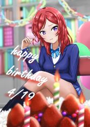 1girl absurdres averting_eyes balloon birthday_cake black_socks blue_bow blue_bowtie blue_jacket blurry blurry_background bow bowtie breasts cake candle chair crossed_legs depth_of_field facing_viewer food fruit happy_birthday highres hiraneco jacket looking_to_the_side love_live! love_live!_school_idol_project medium_hair nishikino_maki otonokizaka_school_uniform parted_lips plaid_clothes plaid_skirt playing_with_own_hair purple_eyes red_hair school_uniform serafuku shelf shirt sitting skirt socks strawberry thighs white_shirt