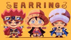 Rule 34 | 3boys, artist request, black hair, cape, chibi, earrings, eustass kid, fur cape, goggles, goggles on head, grin, hat, highres, jacket, jacket on shoulders, jewelry, male focus, mechanical arms, monkey d. luffy, multiple boys, one piece, open clothes, red hair, scar, short hair, smile, standing, straw hat, tattoo, teeth, trafalgar law, upper body