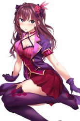 Rule 34 | 10s, 1girl, :p, blue eyes, blush, breasts, brown hair, bvucki36gzoeq1c, choker, cleavage, covered erect nipples, gloves, hair ornament, highres, ichinose shiki, idolmaster, idolmaster cinderella girls, long hair, looking at viewer, medium breasts, simple background, sitting, sketch, solo, thighhighs, tongue, tongue out, tulip (idolmaster), two side up, wavy hair, white background