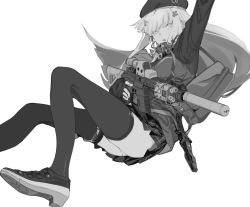 Rule 34 | 1girl, :o, arm up, ass, assault rifle, bad id, bad twitter id, bag, beret, blunt bangs, breasts, checkered clothes, checkered skirt, collar, eyes visible through hair, floating, floating hair, girls&#039; frontline, grey thighhighs, greyscale, gun, h&amp;k hk416, hair between eyes, hair ornament, hat, highres, hk416 (girls&#039; frontline), holding, holding gun, holding weapon, jacket, legs, long hair, long sleeves, looking at viewer, monochrome, open mouth, panties, rifle, scope, shoes, simple background, skirt, sneakers, solo, suiso (owp), suppressor, thighhighs, underwear, weapon, white background, white panties