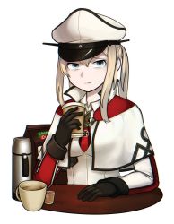 Rule 34 | 10s, 1girl, bags under eyes, black gloves, blonde hair, blue eyes, breasts, capelet, closed mouth, collared shirt, cross, cup, disposable cup, frown, gloves, graf zeppelin (kancolle), hair between eyes, hat, highres, holding, iron cross, jacy, kantai collection, long hair, looking at viewer, medium breasts, military, military hat, military uniform, mug, peaked cap, shirt, sidelocks, simple background, solo, thermos, twintails, uniform, upper body, white background, white hat, wing collar