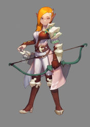 Rule 34 | 1girl, armor, arrow (projectile), asymmetrical clothes, belt, boots, bow (weapon), brown eyes, elf, gloves, grey background, hair ornament, high heels, knee boots, l.wolf, long hair, orange hair, original, pointy ears, quiver, simple background, single bridal gauntlet, single glove, solo, waist cape, weapon
