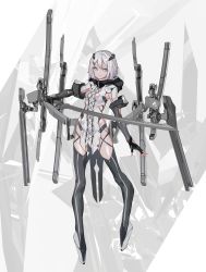 Rule 34 | 1girl, absurdres, bad id, bad pixiv id, breasts, cancell, closed mouth, elbow gloves, fingerless gloves, full body, gloves, grey eyes, hair ornament, hairclip, highres, hood, hood down, leotard, looking at viewer, mecha musume, medium breasts, original, science fiction, short hair, silver hair, solo, sword, thighhighs, weapon