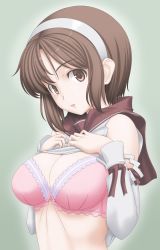 Rule 34 | 1girl, blouse, bra, breasts, brown eyes, brown hair, clothes lift, detached sleeves, grey background, hairband, headband, highres, kantai collection, large breasts, lifting own clothes, looking at viewer, natori (kancolle), neckerchief, open mouth, pink bra, red sailor collar, sailor collar, school uniform, serafuku, shirt, shirt lift, short hair, simple background, solo, t2r, underwear, upper body, white hairband