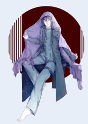 Rule 34 | 1boy, 5yuanfreeperson, absurdres, barefoot, blue eyes, blue hair, chinese clothes, highres, long hair, male focus, simple background, sitting, solo, spiritpact, veil, white background, yang jinghua