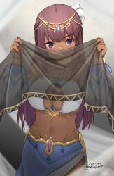 Rule 34 | 1girl, alice gear aegis, as4gi, breasts, choker, dancer, dark skin, detached sleeves, fabric, fatima betrorum, harem outfit, holding cloth, jewelry, large breasts, long hair, looking at viewer, navel, necklace, pink hair, purple eyes, see-through, signature, solo