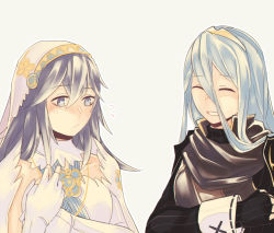Rule 34 | 2girls, armor, azura (fire emblem), azura (fire emblem) (cosplay), blue eyes, blue hair, blush, breast envy, cape, cosplay, costume switch, dress, fingerless gloves, fire emblem, fire emblem awakening, fire emblem fates, gloves, hair between eyes, hair ornament, hairband, highres, jewelry, long hair, lucina (fire emblem), lucina (fire emblem) (cosplay), multiple girls, nintendo, open mouth, simple background, smile, tiara, vento, very long hair