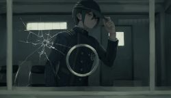 Rule 34 | 1boy, ako (td110349-7517), black hair, black hat, black jacket, broken glass, bullet hole, buttons, closed mouth, danganronpa (series), danganronpa v3: killing harmony, double-breasted, glass, hand on headwear, hat, highres, indoors, jacket, long sleeves, male focus, saihara shuichi, solo, striped clothes, striped jacket, upper body