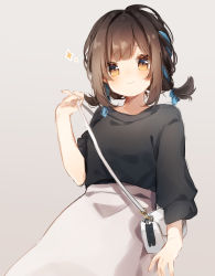 Rule 34 | bag, black hair, black shirt, blue bow, blush, bow, brown eyes, brown hair, closed mouth, commentary, grey background, hair bow, hand up, heripiro, highres, holding strap, light smile, long sleeves, looking at viewer, low twintails, original, shirt, short twintails, shoulder bag, skirt, solo, sparkle, symbol-only commentary, twintails, white skirt