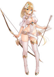 Rule 34 | 1girl, bare shoulders, blonde hair, blue eyes, blush, bow (weapon), breasts, cleavage, elf, full body, hair between eyes, highres, kekemotsu, large breasts, long hair, looking at viewer, original, pointy ears, simple background, solo, thighhighs, weapon, white background