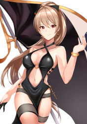 Rule 34 | 1girl, absurdres, alternate breast size, alternate costume, arm at side, azur lane, backless dress, backless outfit, bangle, bare arms, bare shoulders, black dress, black gloves, black ribbon, blush, bracelet, breasts, choker, cleavage, collarbone, cowboy shot, criss-cross halter, dress, earrings, female focus, fishnets, flag, gloves, hair between eyes, hair ornament, hair ribbon, half gloves, halterneck, hand up, haneramu, highres, jean bart (azur lane), jean bart (uninhibited bloodstone) (azur lane), jewelry, large breasts, light brown hair, long hair, looking at viewer, nail polish, navel, neck, pelvic curtain, pink nails, ponytail, red eyes, revealing clothes, ribbon, sidelocks, single glove, smile, solo, standing, thigh strap, thighs