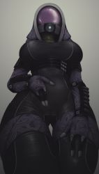Rule 34 | 1girl, alien, alternate breast size, black bodysuit, black footwear, bodysuit, boots, breasts, cameltoe, commentary, covered face, english commentary, facing viewer, fewer digits, from below, gluteal fold, grey background, helmet, highres, imp (impractical), large breasts, mass effect (series), mass effect 1, multicolored bodysuit, multicolored clothes, print bodysuit, purple bodysuit, quarian, skin tight, solo, spread pussy under clothes, tali&#039;zorah, thigh boots, thigh gap, thighhighs, visor