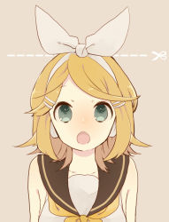 Rule 34 | 1girl, :o, aqua eyes, bare shoulders, beige background, black collar, blonde hair, blush, bow, collar, collared shirt, commentary, commentary request, dotted line, hair bow, hair ornament, hairclip, kagamine rin, looking at viewer, open mouth, sailor collar, scissors, shirt, short hair, sleeveless, sleeveless shirt, solo, swept bangs, ume chazuke (rid), upper body, vocaloid, white bow, white shirt, yellow neckwear