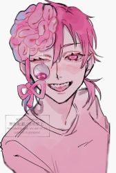 Rule 34 | 1girl, brain, chainsaw man, cosmo (chainsaw man), exposed brain, eyeball, heart, heart-shaped pupils, highres, looking at viewer, medium hair, open mouth, pink hair, pink shirt, pink theme, ribbon, shirt, simple background, smile, solo, symbol-shaped pupils, tnkt raaamen