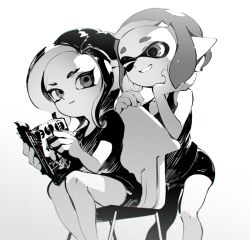 Rule 34 | 2girls, chair, greyscale, hand on own face, high contrast, inkling, inkling girl, inkling player character, leaning forward, looking at another, magazine (object), medium hair, monochrome, multiple girls, nintendo, octoling, octoling girl, octoling player character, one eye closed, reading, short hair, short shorts, shorts, simple background, sitting, smile, splatoon (series), splatoon 2, tank top, tentacle hair, wadanaka, white background