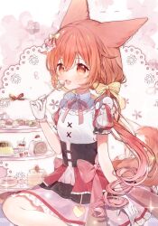 Rule 34 | 1girl, animal ears, bow, cake, food, fox ears, fox girl, fox tail, hair bow, hair ribbon, highres, hiizumi miu, holding, holding spoon, long hair, looking at viewer, low twintails, miho (tales runner), orange hair, pink ribbon, puffy short sleeves, puffy sleeves, ribbon, shirt, short sleeves, sitting, solo, spoon, swiss roll, tail, tales runner, tiered tray, twintails, very long hair, white shirt, yellow bow