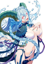 Rule 34 | 1girl, absurdres, aqua hair, black shirt, black thighhighs, braid, breasts, choker, cleavage, cropped shirt, curled horns, erchongbaojun, fate/grand order, fate (series), hair between eyes, highres, horns, jewelry, large breasts, larva tiamat (fate), larva tiamat (third ascension) (fate), long hair, looking at viewer, nail polish, navel, open mouth, pendant, pink eyes, pointy ears, shirt, shrug (clothing), sidelocks, smile, stomach tattoo, striped clothes, striped sleeves, symbol-shaped pupils, tail, tattoo, thighhighs, tiamat (fate), very long hair, water