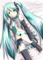 Rule 34 | bed, blue hair, blush, detached sleeves, dune (artist), hatsune miku, lying, necktie, open clothes, open shirt, panties, shirt, solo, striped clothes, striped panties, thighhighs, twintails, underwear, undressing, vocaloid