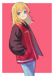 Rule 34 | 1girl, absurdres, blonde hair, blue eyes, border, closed mouth, commentary request, cowboy shot, denim, from side, hands in pockets, highres, jacket, jeans, kawai rika, long sleeves, looking at viewer, medium hair, multicolored hair, pants, pink background, pink hair, red jacket, simple background, smile, solo, streaked hair, white border, wonder egg priority, yoon cook