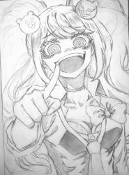 1girl :d bear_hair_ornament bow breasts choker cleavage collarbone collared_shirt crazy_eyes danganronpa:_trigger_happy_havoc danganronpa_(series) enoshima_junko fangs greyscale hair_ornament highres laughing long_sleeves medium_breasts mo_jiu monochrome open_mouth pointing pointing_at_viewer shirt shirt_bow smile solo teeth twintails upper_teeth_only