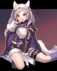 Rule 34 | 1girl, animal ears, animal hands, belt, candy, closed mouth, fake animal ears, fire emblem, fire emblem awakening, fire emblem heroes, food, gloves, grima (fire emblem), halloween costume, highres, holding, lollipop, long sleeves, mano (m1n0f2e1), nintendo, paw gloves, red eyes, robin (female) (fire emblem), robin (fire emblem), sitting, solo, tail, thigh strap, twintails, twitter username, white hair, wolf ears, wolf tail
