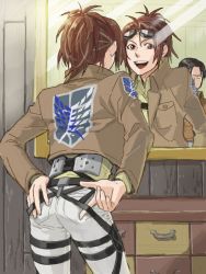 Rule 34 | 1boy, 1girl, :d, ass, bad id, bad pixiv id, belt, black hair, brown eyes, brown hair, from behind, goggles, goggles on head, hange zoe, indesign, jacket, levi (shingeki no kyojin), mirror, open mouth, pants, ponytail, reflection, shingeki no kyojin, short hair, smile, three-dimensional maneuver gear