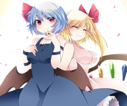 Rule 34 | 2girls, aged up, alternate breast size, alternate costume, bat wings, blonde hair, blue hair, breasts, closed eyes, collarbone, commentary request, crystal, dress, female focus, flandre scarlet, hair ribbon, hammer (sunset beach), hat, large breasts, multiple girls, no headwear, petals, red eyes, remilia scarlet, ribbon, short hair, siblings, side ponytail, sisters, sleeveless, sleeveless dress, smile, touhou, wings