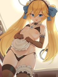 Rule 34 | 1girl, ajidot, apron, apron lift, backlighting, bare shoulders, bikini, black bikini, blonde hair, blue bow, blue eyes, bow, breasts, bridal garter, brown gloves, brown thighhighs, clothes lift, covered erect nipples, detached collar, gloves, hair between eyes, hair bow, highres, indoors, last origin, long hair, looking at viewer, maid, maid bikini, maid headdress, side-tie bikini bottom, small breasts, smile, solo, standing, swimsuit, thetis (last origin), thighhighs, twintails, unconventional maid