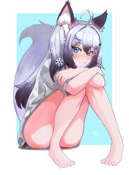 Rule 34 | 1girl, ahoge, animal ear fluff, animal ears, aqua background, arms on knees, bare legs, barefoot, black hair, blue eyes, blush, border, commentary, convenient censoring, convenient leg, crossed arms, dog ears, dog girl, dog tail, english commentary, feindall, frown, fur hair tie, gradient hair, grey hair, hair between eyes, hair ornament, hair tie, hairclip, highres, indie virtual youtuber, knees together feet apart, knees up, legs, long hair, looking at viewer, multicolored hair, outside border, scissors hair ornament, shirt, sidelocks, signature, sitting, slit pupils, smiley hair ornament, snowflake hair ornament, solo, tail, thighs, toes, two side up, virtual youtuber, white border, white shirt, yukine olwin