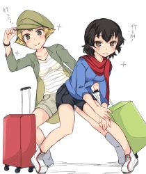 Rule 34 | 10s, abenattou, adjusting clothes, adjusting headwear, alternate headwear, black shorts, blonde hair, blue shirt, boots, bracelet, brown eyes, brown hair, brown hat, brown jacket, caesar (girls und panzer), casual, choo choo train, closed mouth, cross-laced footwear, dancing, erwin (girls und panzer), full body, girls und panzer, grey footwear, hand on own thigh, hat, jacket, jewelry, leaning to the side, long sleeves, looking at viewer, luggage, pointy hair, red scarf, rolling suitcase, scarf, shirt, shoes, short hair, short shorts, shorts, smile, sparkle, standing, striped clothes, striped shirt, suitcase, white background, white footwear, white shirt