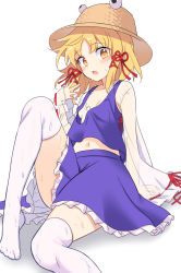 Rule 34 | 1girl, blonde hair, blue skirt, blush, breasts, brown hat, cleavage, collarbone, e.o., hat, highres, long sleeves, looking at viewer, midriff, moriya suwako, navel, open mouth, short hair, simple background, sitting, skirt, small breasts, solo, thighhighs, touhou, wet, wet clothes, white background, white thighhighs, yellow eyes