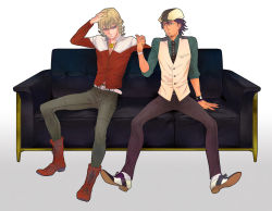 Rule 34 | 10s, 2boys, bad id, bad pixiv id, barnaby brooks jr., belt, blonde hair, blue eyes, boots, bracelet, brown eyes, brown hair, cabbie hat, couch, facial hair, full body, glasses, gradient background, hat, jacket, jewelry, k29, kaburagi t. kotetsu, male focus, multiple boys, necklace, necktie, red jacket, short hair, simple background, sitting, stubble, studded belt, tiger &amp; bunny, vest, waistcoat, watch, white background, wristwatch