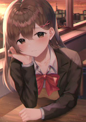 Rule 34 | 1girl, bad id, bad pixiv id, blush, bow, breasts, brown hair, classroom, collarbone, commentary request, copyright request, day, frown, hair between eyes, hair ornament, highres, hinaki (hinaki 0102), indoors, long hair, long sleeves, looking at viewer, red bow, red neckwear, school, school uniform, shirt, solo, sunset, white shirt, x hair ornament