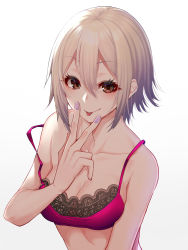 Rule 34 | 1girl, arm at side, bare arms, bra, breasts, brown eyes, cleavage, collarbone, eyelashes, hair between eyes, highres, idolmaster, idolmaster cinderella girls, lace, lace-trimmed bra, lace trim, looking at viewer, medium breasts, mikan (chipstar182), nail polish, pink bra, purple nails, shade, shiomi syuko, short hair, sidelocks, silver hair, smile, solo, strap slip, tongue, tongue out, underwear, underwear only, upper body, v over mouth, white background