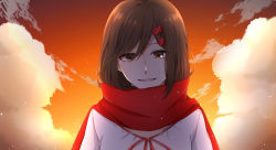 Rule 34 | 1girl, brown eyes, brown hair, cloud, cropped torso, dress, enpera, hair ornament, hairclip, harunai, highres, kagerou days (vocaloid), kagerou project, looking at viewer, open mouth, red ribbon, red scarf, ribbon, scarf, smile, solo, sunset, tateyama ayano, upper body, vocaloid, white dress