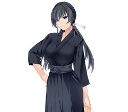 Rule 34 | 1girl, black hair, blue eyes, breasts, game cg, hair ribbon, hand on own hip, japanese clothes, kimono, large breasts, long hair, looking at viewer, nana g, onee-chan saimin before after, ribbon, serious, simple background, solo, standing, twintails, white background