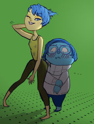 Rule 34 | 2girls, :d, absurdres, arm up, ass shake, blue eyes, blue hair, blue skin, blush, catharticaagh, colored skin, disney, glasses, highres, inside out, joy (inside out), looking at ass, motion lines, multiple girls, narrow waist, open mouth, pants, parted lips, pixar, sadness (inside out), shadow, smile, standing, teeth, yoga pants, yuri
