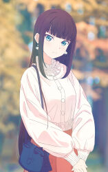 Rule 34 | 1girl, bag, black hair, blue eyes, blunt bangs, blurry, blurry background, blush, cardigan, commentary, earrings, frilled shirt collar, frills, highres, jewelry, kurosawa dia, long hair, long sleeves, looking at viewer, love live!, love live! sunshine!!, mole, mole under eye, own hands together, shoulder bag, skirt, smile, solo, tsmkn26, v arms, very long hair