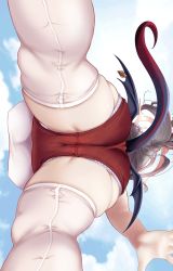 Rule 34 | 1girl, ass, black hair, blue archive, buruma, cleft of venus, commentary request, from below, fukuda shuushi, haruna (blue archive), haruna (track) (blue archive), highres, medium hair, open hands, ponytail, red buruma, sky, thighhighs, thighs, white thighhighs, wings