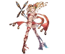 Rule 34 | &gt;:d, 10s, 1girl, :d, adjusting clothes, adjusting swimsuit, ass, bikini, blonde hair, blue eyes, bracelet, breasts, butt crack, eyewear on head, flower, from behind, full body, granblue fantasy, hair flower, hair intakes, hair ornament, halterneck, hibiscus, high heels, jewelry, kneepits, leaf, long hair, looking back, medium breasts, minaba hideo, official art, open mouth, planted, polearm, red bikini, red thighhighs, sandals, shawl, shoes, side-tie bikini bottom, sideboob, smile, solo, spear, standing, strap gap, string bikini, sunglasses, swimsuit, thighhighs, transparent background, twintails, v, v-shaped eyebrows, weapon, zeta (granblue fantasy), zeta (summer) (granblue fantasy)