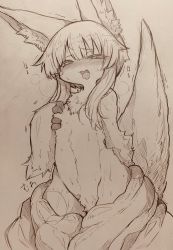 Rule 34 | 1other, animal ears, blunt bangs, body fur, breasts, furry, grabbing own breast, heavy breathing, highres, made in abyss, mitsuba-sama (milkba-ng), monochrome, nanachi (made in abyss), navel, open mouth, saliva, short hair, sketch, small breasts, stomach, sweat, tail, tongue, tongue out, topless, whiskers
