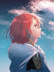 Rule 34 | 1girl, akatsuki no yona, cape, closed mouth, earrings, from side, hair between eyes, jewelry, neck ribbon, profile, purple eyes, red hair, ribbon, short hair, sketch, smile, solo, to mi4922, upper body, white cape, white ribbon, yona (akatsuki no yona)