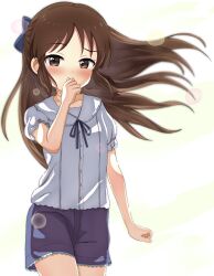 Rule 34 | 1girl, absurdres, blue bow, blue ribbon, blue shorts, blush, bow, brown eyes, brown hair, choudai-sama, commentary request, covering own mouth, cowboy shot, flat chest, frilled sleeves, frills, hair bow, hand up, highres, idolmaster, idolmaster cinderella girls, long hair, looking at viewer, puffy short sleeves, puffy sleeves, ribbon, shirt, short sleeves, shorts, sidelocks, solo, tachibana arisu, thighs, white background, white shirt, wind