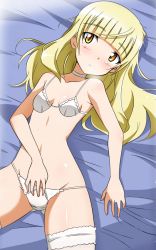 Rule 34 | 1girl, ahoge, armpits, bare shoulders, bed sheet, blonde hair, blush, bra, breasts, choker, collarbone, dot nose, from above, gluteal fold, groin, lingerie, long hair, looking at viewer, lying, messy hair, no eyewear, on back, on bed, panties, parted lips, perrine h. clostermann, shiny skin, small breasts, solo, spread legs, strike witches, sweat, thighhighs, underwear, underwear only, white bra, white thighhighs, world witches series, yellow eyes, yumekaranigeruna