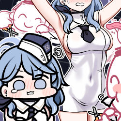 Rule 34 | 1boy, 1girl, ako (blue archive), armpits, doodle sensei (blue archive), black necktie, blue archive, blue eyes, blue hair, blush, breasts, chibi, covered navel, earrings, halo, hat, jazz jack, jewelry, large breasts, licking, lowres, multiple views, necktie, official alternate costume, scissors, sensei (blue archive), sideboob, stud earrings, tearing up, wavy mouth