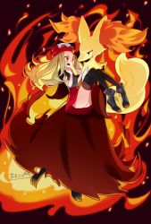 Rule 34 | 1girl, animal ear fluff, animal ears, artist name, bare shoulders, black shirt, black thighhighs, blonde hair, blush, carrying, creatures (company), delphox, eye contact, eyewear on headwear, female focus, fire, fox ears, fox tail, full body, furry, furry female, game freak, gen 6 pokemon, grey footwear, half-closed eyes, hands up, hat, long hair, looking at another, namazu (dc 27546), nintendo, open mouth, pigeon-toed, pleated skirt, poke ball symbol, pokemon, pokemon (creature), pokemon xy, princess carry, red background, red eyes, red hat, red skirt, serena (pokemon), shirt, shoes, signature, skindentation, skirt, sleeveless, sleeveless shirt, smile, standing, sunglasses, tail, thighhighs, white-framed eyewear